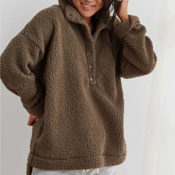 Aerie Oversized Cloud Sherpa Quarter Snap Button Pullover Sweater small - Picture 1 of 9
